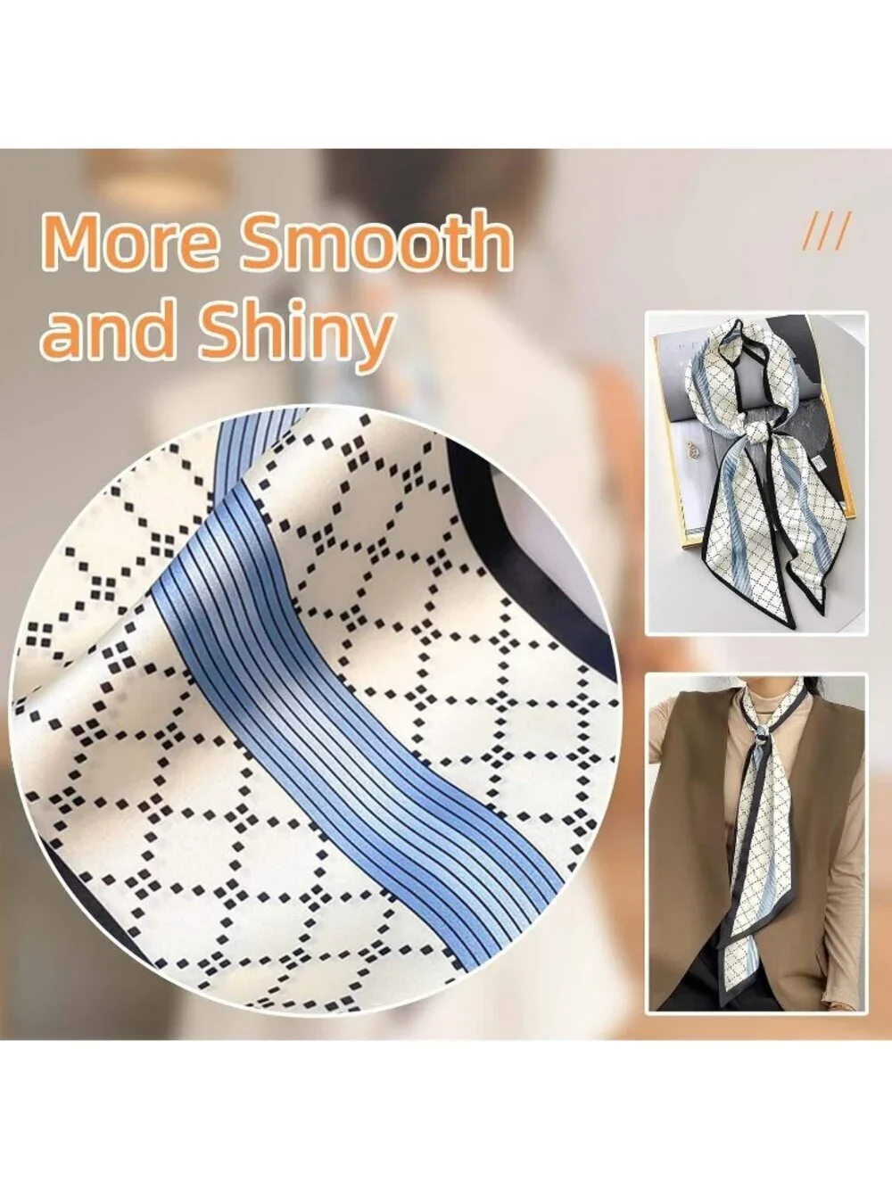 Women's Blue White Fashion Silky Satin Headscarf Wrap Lightweight Scarves Scarf